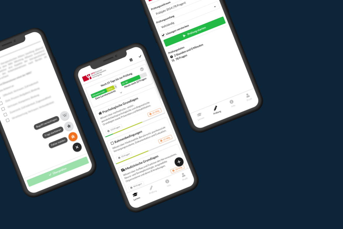 Einblick in die Siggi Lernapp. Drei Smartphones werden sitilisert dargestellt, auf denne die Applikation zu sehen ist.